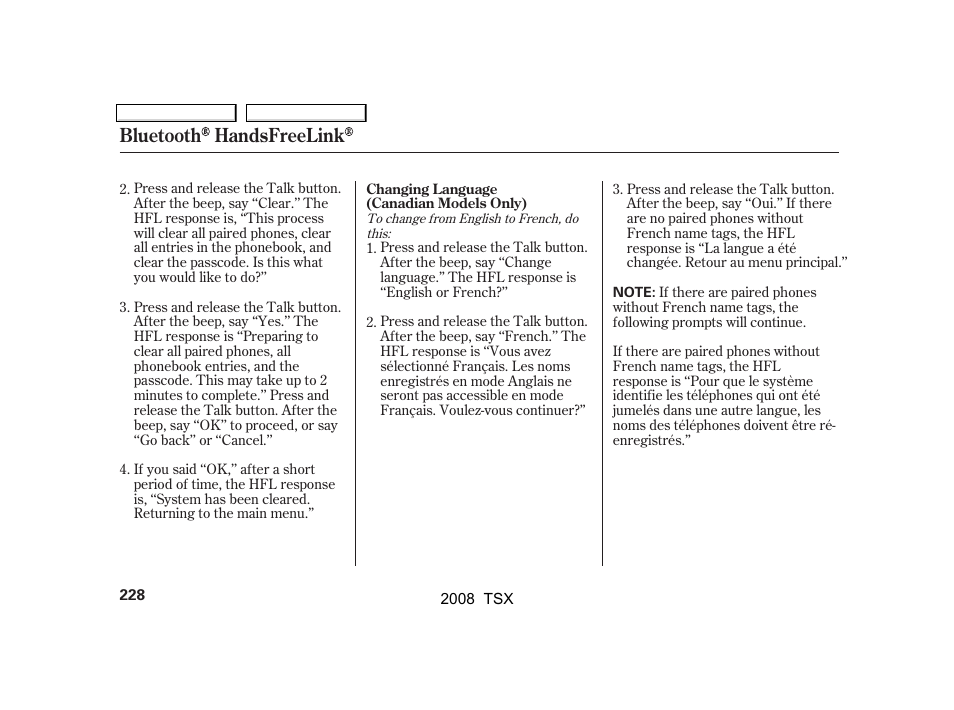 Bluetooth handsfreelink | Acura 2008 TSX User Manual | Page 231 / 388