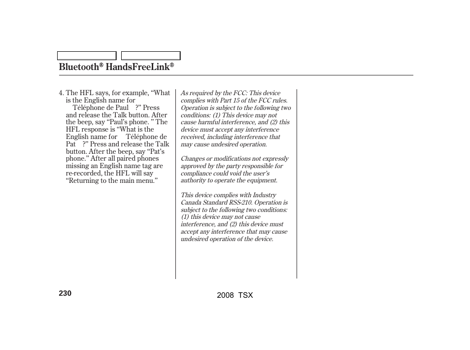 Bluetooth handsfreelink | Acura 2008 TSX User Manual | Page 233 / 388