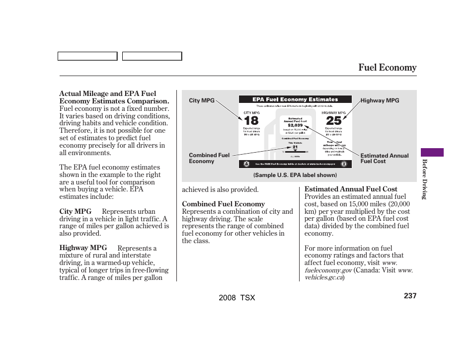 Fuel economy | Acura 2008 TSX User Manual | Page 240 / 388