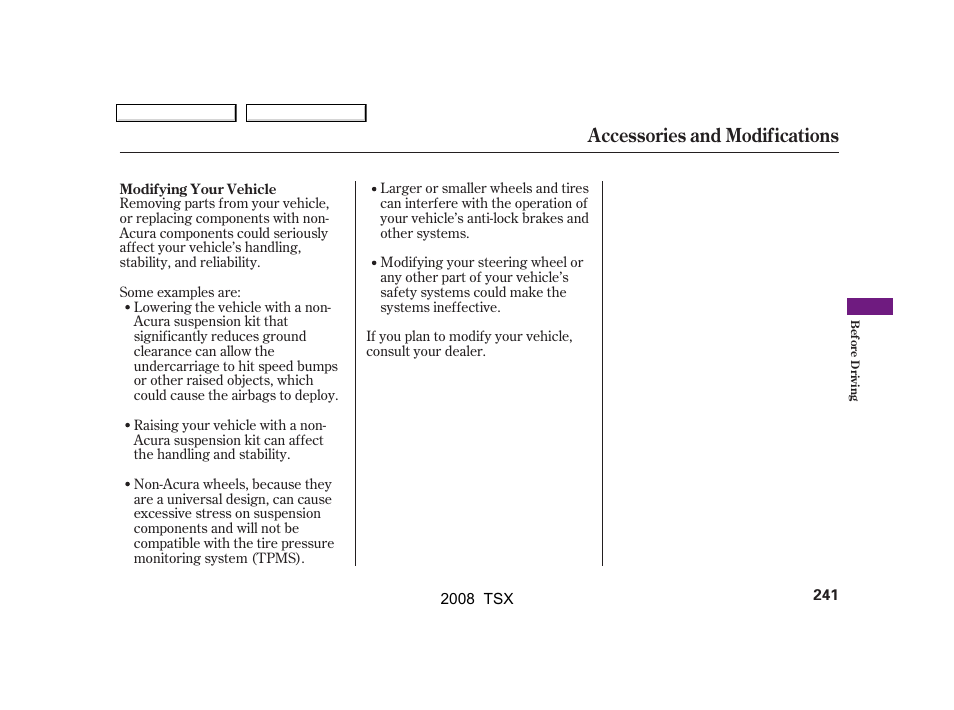 Accessories and modifications | Acura 2008 TSX User Manual | Page 244 / 388