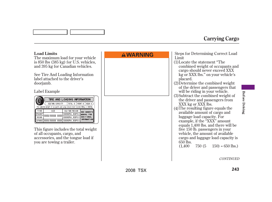 Carrying cargo | Acura 2008 TSX User Manual | Page 246 / 388