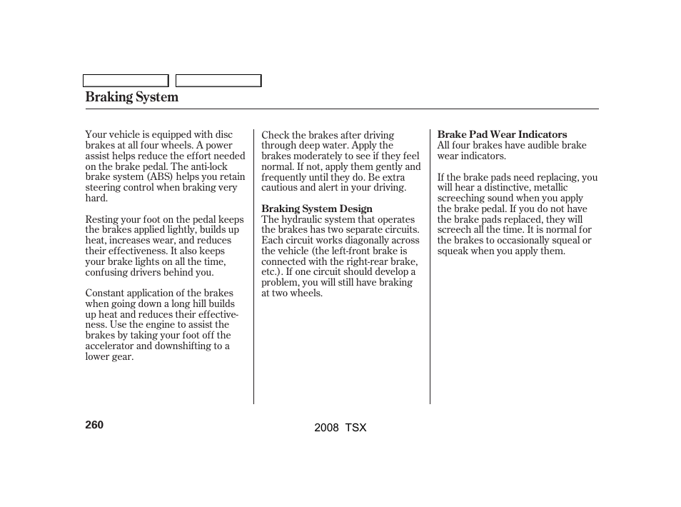 Braking system | Acura 2008 TSX User Manual | Page 263 / 388