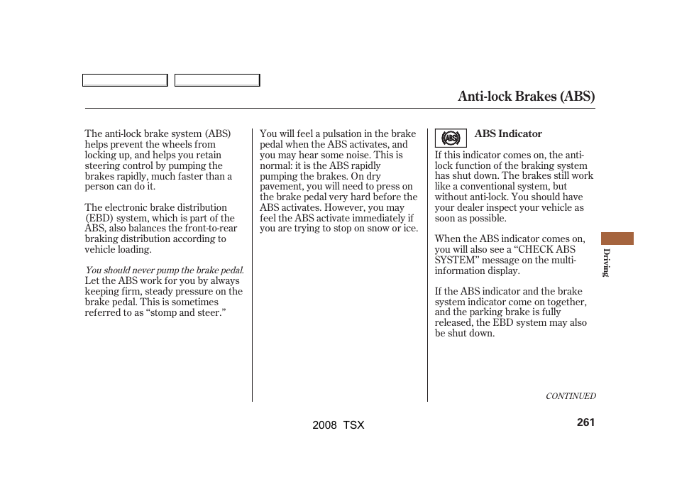 Anti-lock brakes (abs) | Acura 2008 TSX User Manual | Page 264 / 388