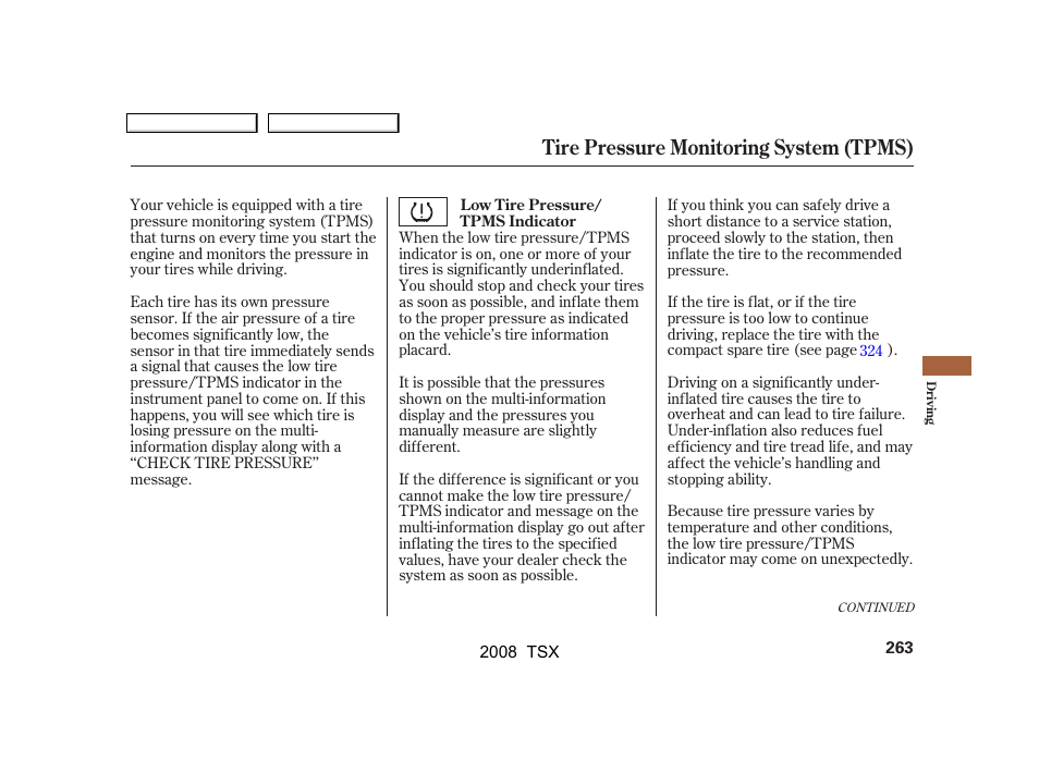 Tire pressure monitoring system (tpms) | Acura 2008 TSX User Manual | Page 266 / 388