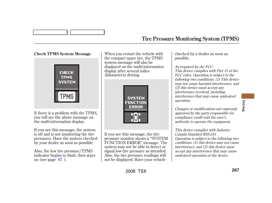 Tire pressure monitoring system (tpms) | Acura 2008 TSX User Manual | Page 270 / 388