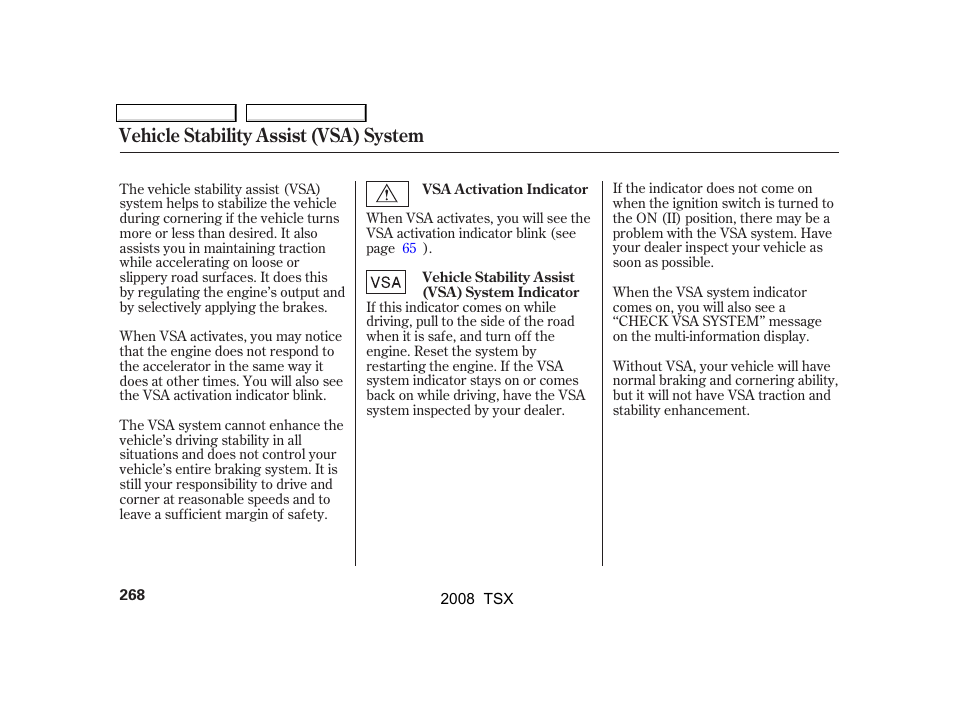 Vehicle stability assist (vsa) system | Acura 2008 TSX User Manual | Page 271 / 388