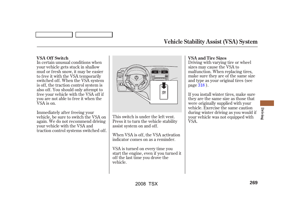 Vehicle stability assist (vsa) system | Acura 2008 TSX User Manual | Page 272 / 388