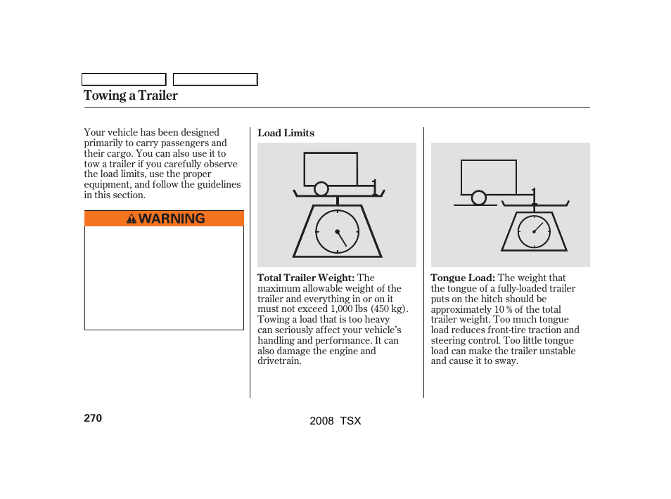 Towing a trailer | Acura 2008 TSX User Manual | Page 273 / 388