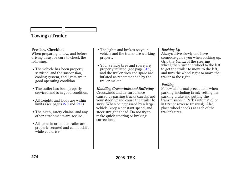 Towing a trailer | Acura 2008 TSX User Manual | Page 277 / 388