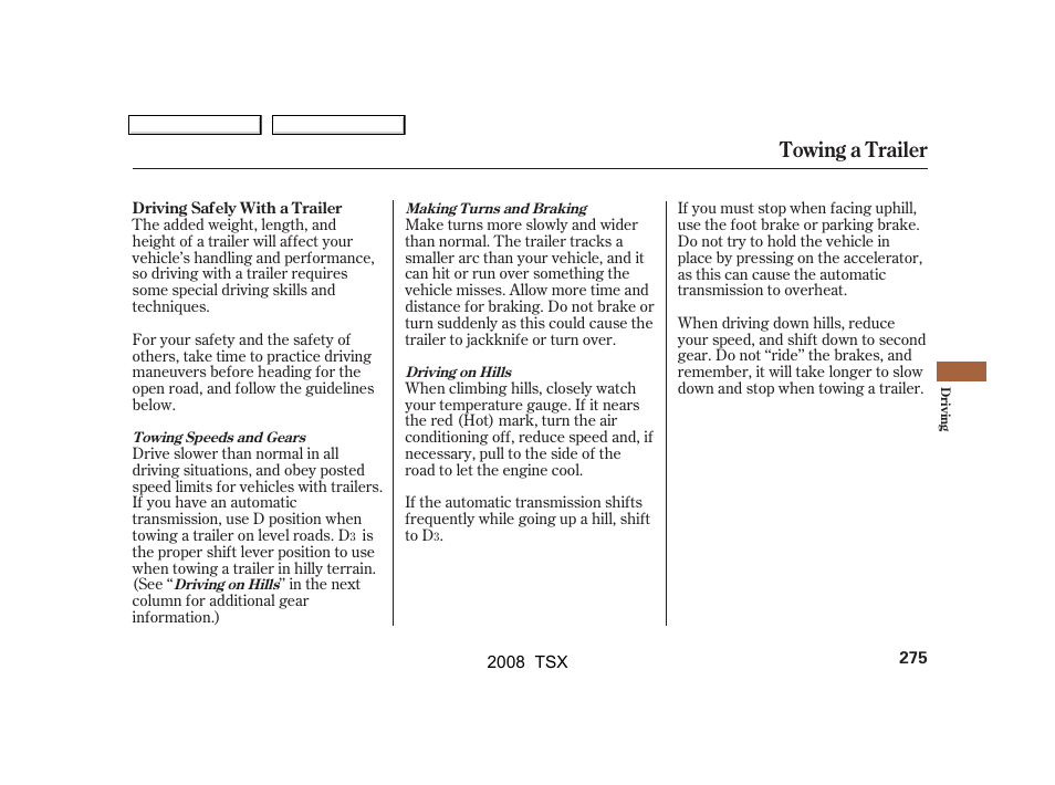 Towing a trailer | Acura 2008 TSX User Manual | Page 278 / 388