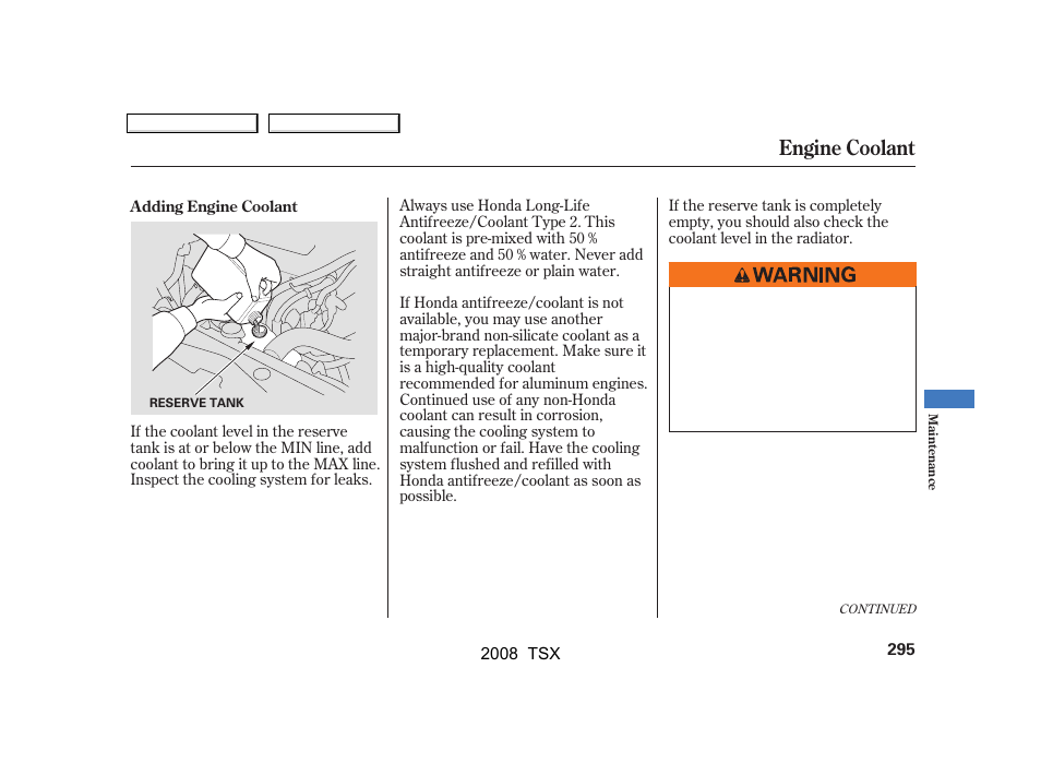 Engine coolant | Acura 2008 TSX User Manual | Page 298 / 388