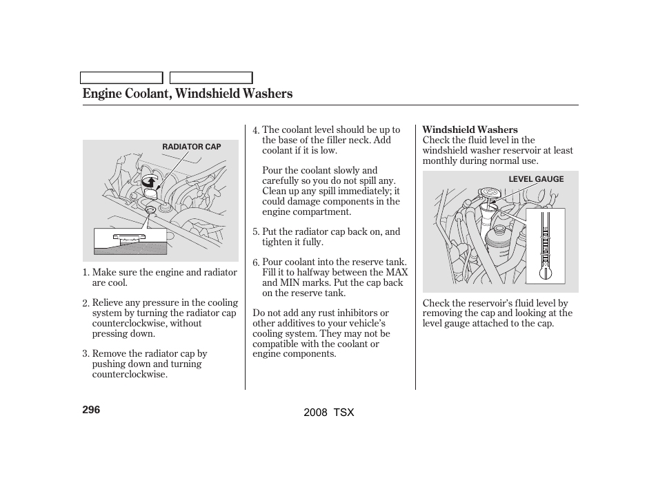 Engine coolant, windshield washers | Acura 2008 TSX User Manual | Page 299 / 388