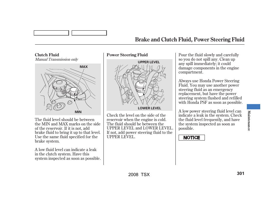 Brake and clutch fluid, power steering fluid | Acura 2008 TSX User Manual | Page 304 / 388