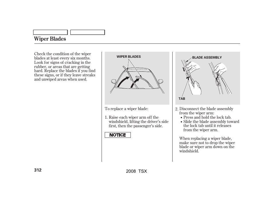 Wiper blades | Acura 2008 TSX User Manual | Page 315 / 388