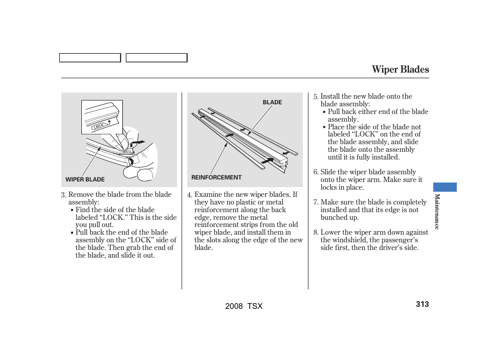 Wiper blades | Acura 2008 TSX User Manual | Page 316 / 388