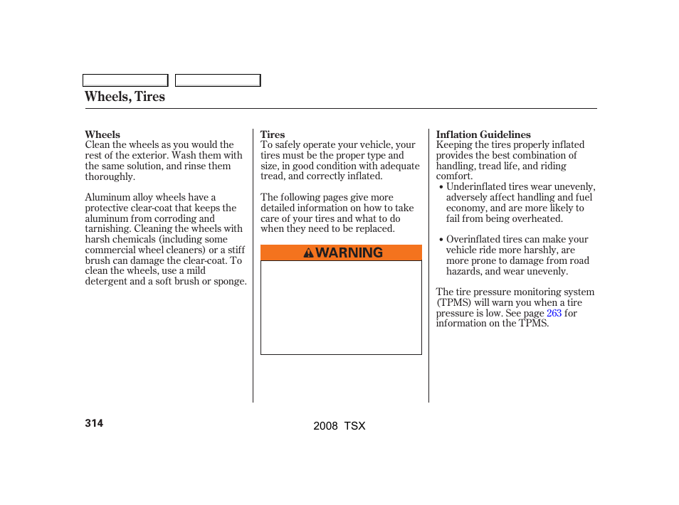 Wheels, tires | Acura 2008 TSX User Manual | Page 317 / 388