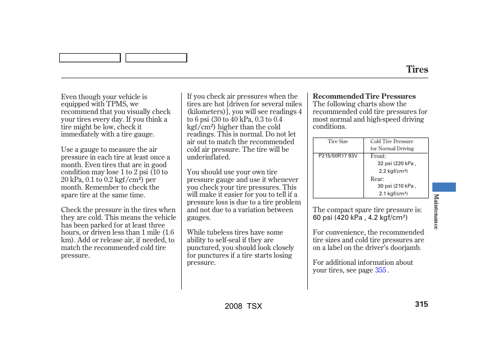 Tires | Acura 2008 TSX User Manual | Page 318 / 388