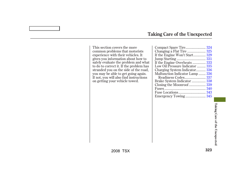 Taking care of the unexpected | Acura 2008 TSX User Manual | Page 326 / 388