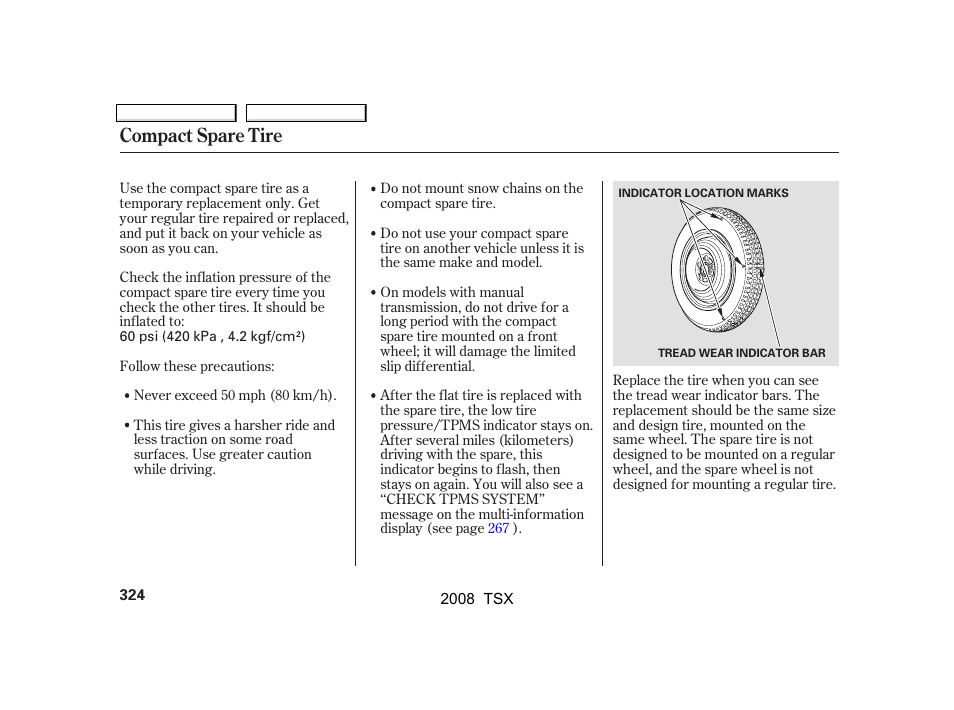 Compact spare tire | Acura 2008 TSX User Manual | Page 327 / 388