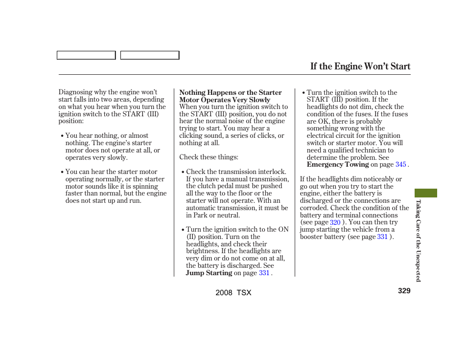 If the engine won’t start | Acura 2008 TSX User Manual | Page 332 / 388