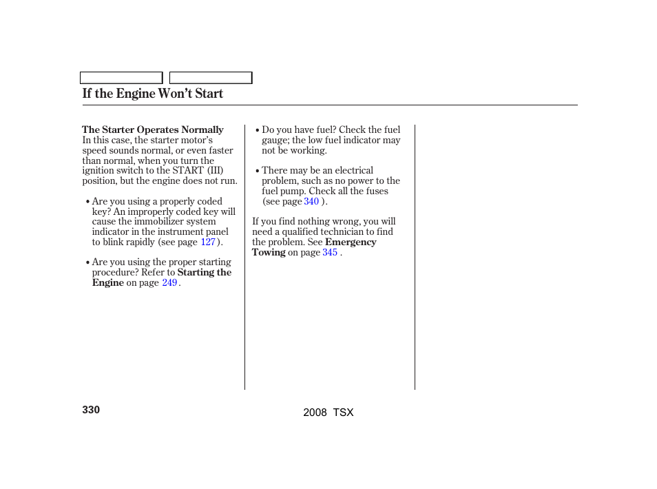 If the engine won’t start | Acura 2008 TSX User Manual | Page 333 / 388