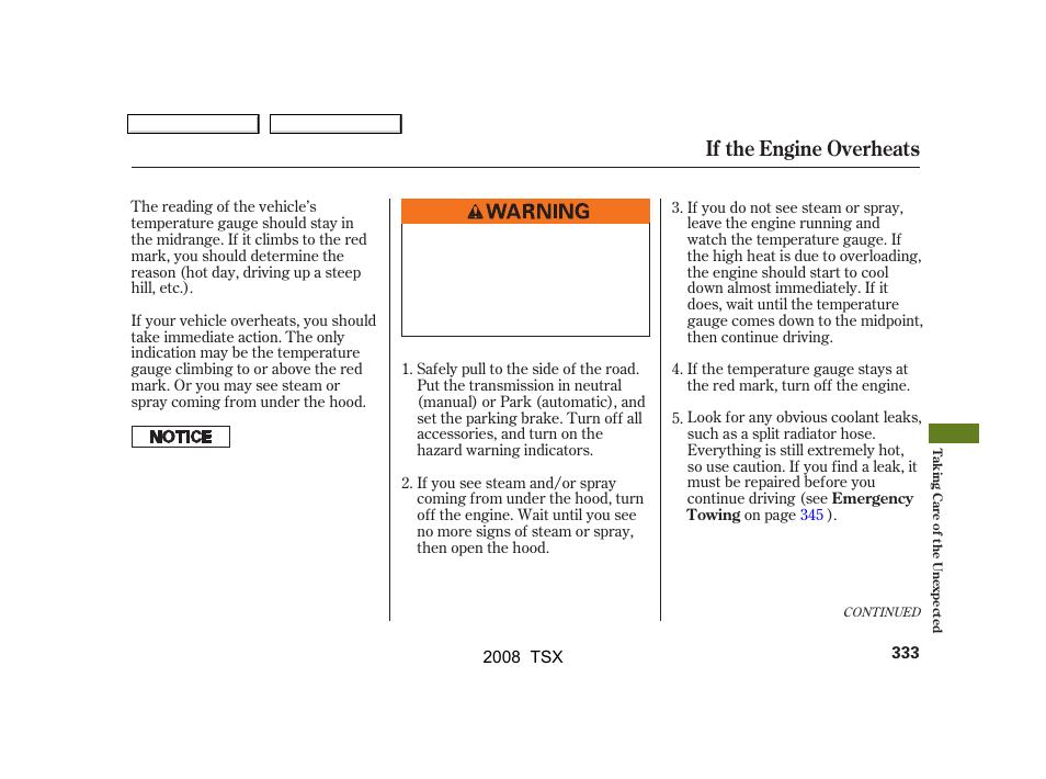 If the engine overheats | Acura 2008 TSX User Manual | Page 336 / 388