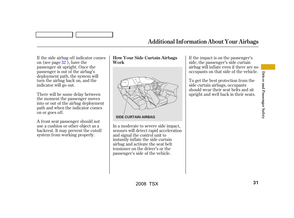 Additional information about your airbags | Acura 2008 TSX User Manual | Page 34 / 388