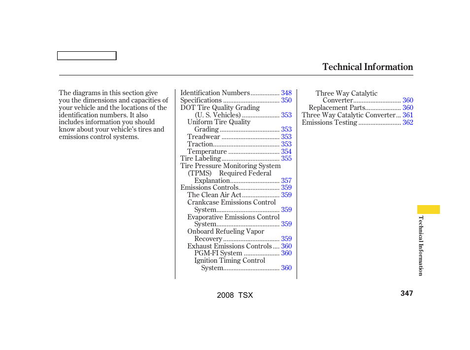 Technical information | Acura 2008 TSX User Manual | Page 350 / 388