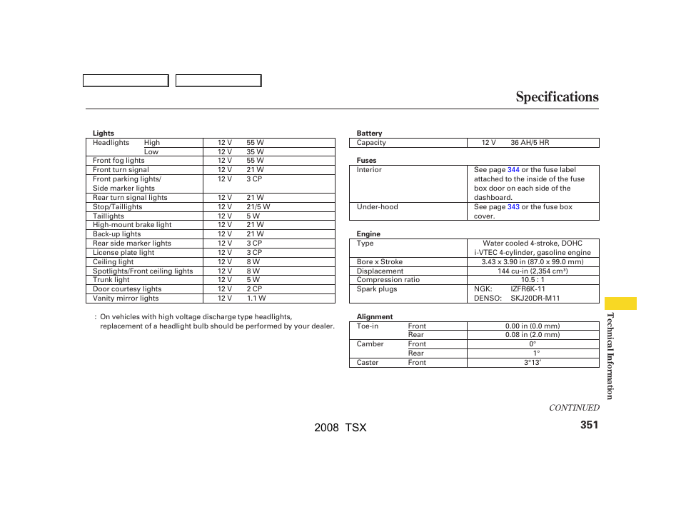 Specifications, 2008 tsx | Acura 2008 TSX User Manual | Page 354 / 388