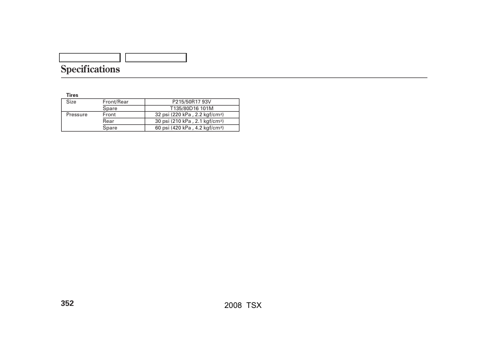 Specifications, 2008 tsx | Acura 2008 TSX User Manual | Page 355 / 388