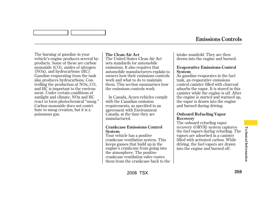 Emissions controls | Acura 2008 TSX User Manual | Page 362 / 388