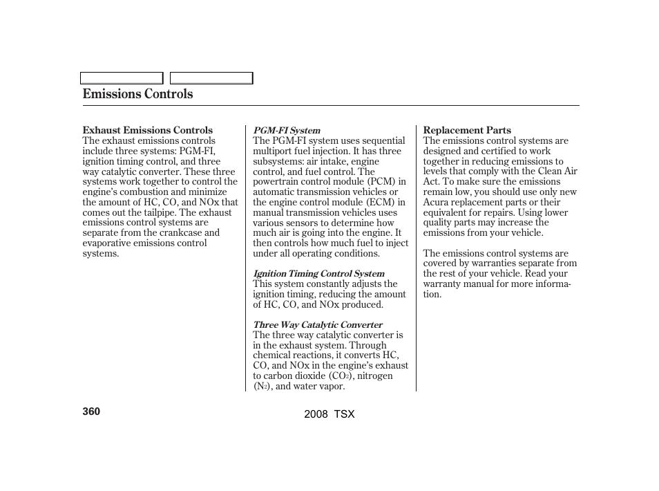 Emissions controls | Acura 2008 TSX User Manual | Page 363 / 388