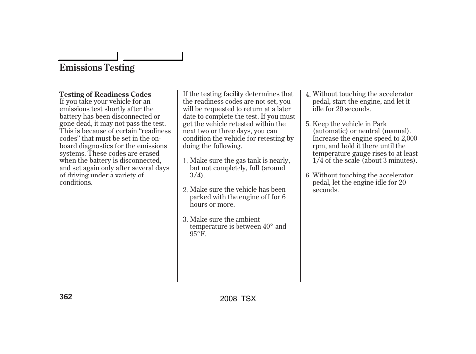 Emissions testing | Acura 2008 TSX User Manual | Page 365 / 388