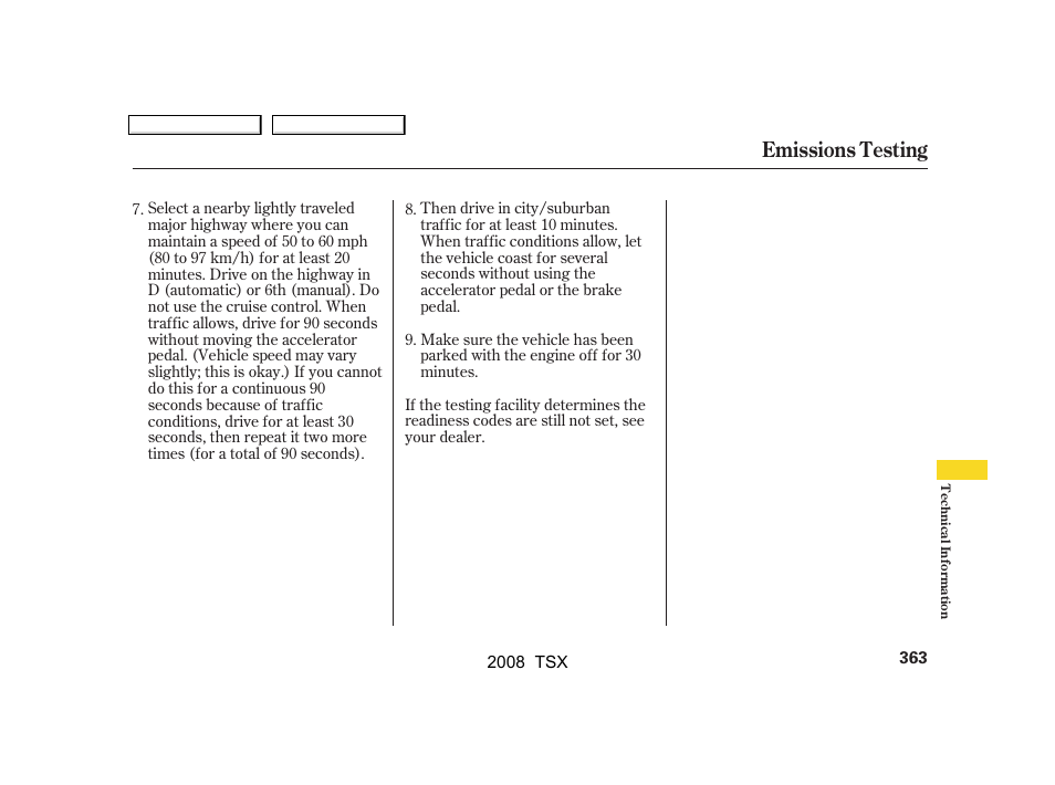 Emissions testing | Acura 2008 TSX User Manual | Page 366 / 388