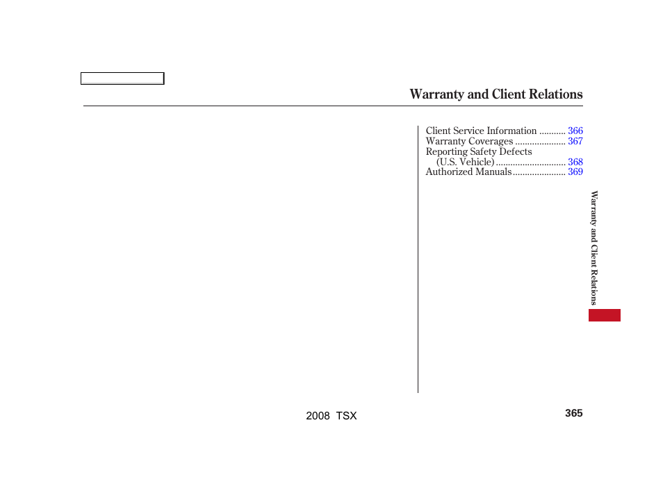 Warranty and client relations | Acura 2008 TSX User Manual | Page 368 / 388