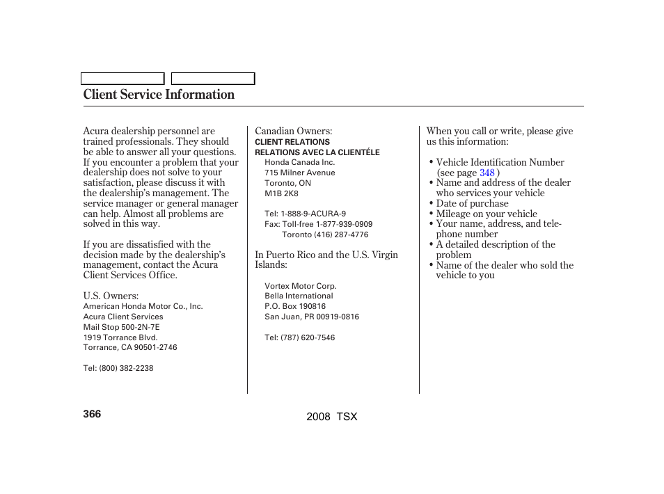 Client service information | Acura 2008 TSX User Manual | Page 369 / 388