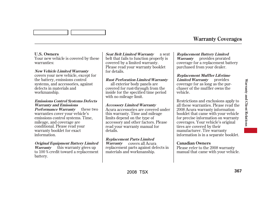 Warranty coverages | Acura 2008 TSX User Manual | Page 370 / 388