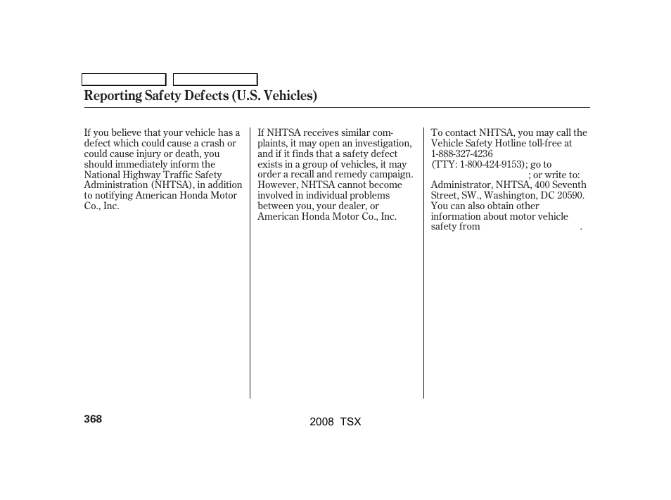 Reporting safety defects (u.s. vehicles) | Acura 2008 TSX User Manual | Page 371 / 388