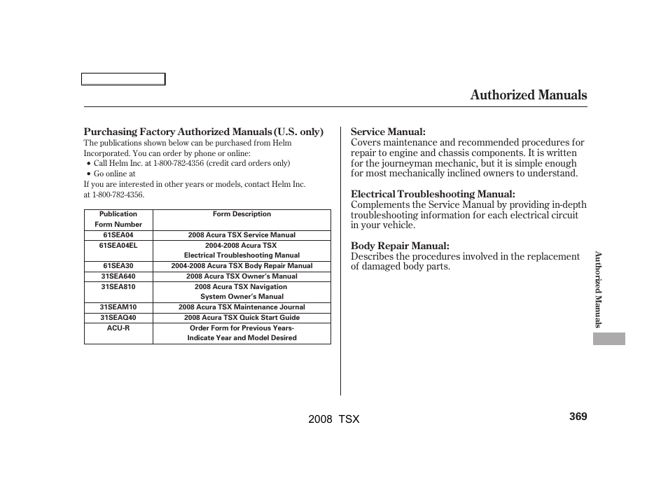 Authorized manuals, 2008 tsx | Acura 2008 TSX User Manual | Page 372 / 388