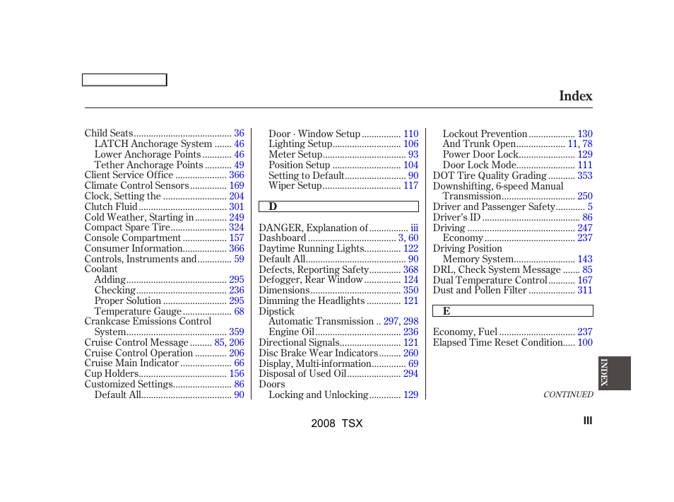 Index | Acura 2008 TSX User Manual | Page 376 / 388