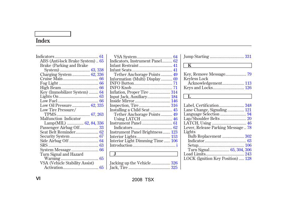 Index | Acura 2008 TSX User Manual | Page 379 / 388