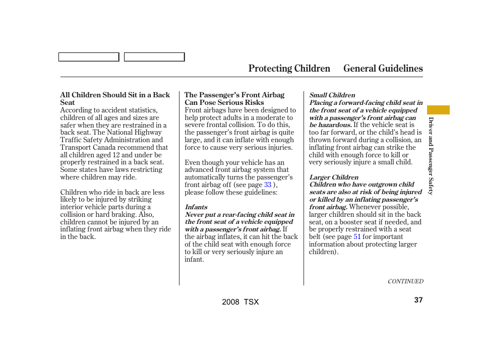 Protecting children general guidelines | Acura 2008 TSX User Manual | Page 40 / 388