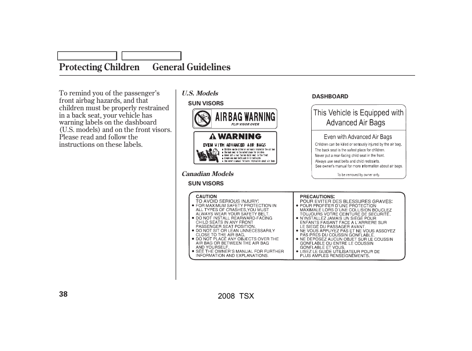 Protecting children general guidelines | Acura 2008 TSX User Manual | Page 41 / 388