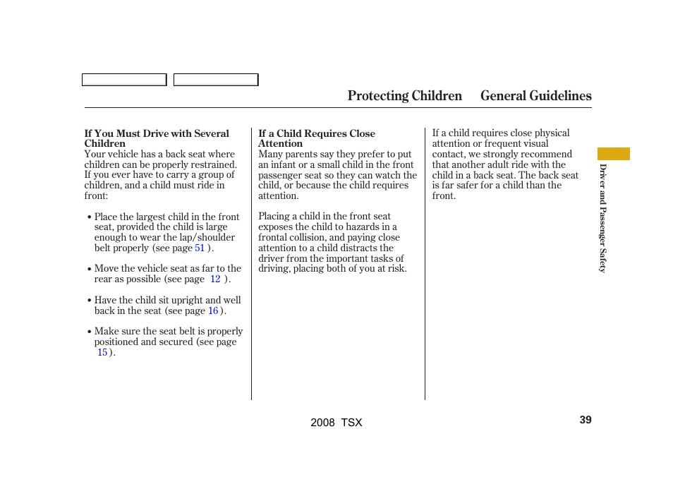 Protecting children general guidelines | Acura 2008 TSX User Manual | Page 42 / 388