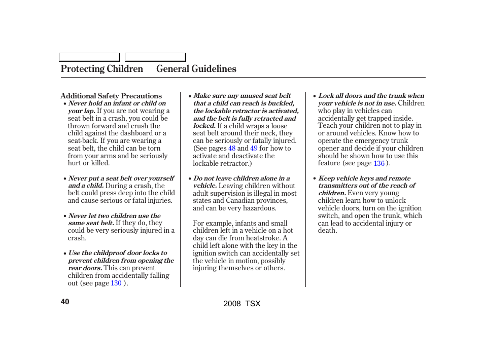 Protecting children general guidelines | Acura 2008 TSX User Manual | Page 43 / 388