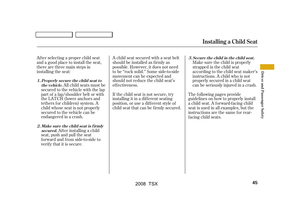 Installing a child seat | Acura 2008 TSX User Manual | Page 48 / 388