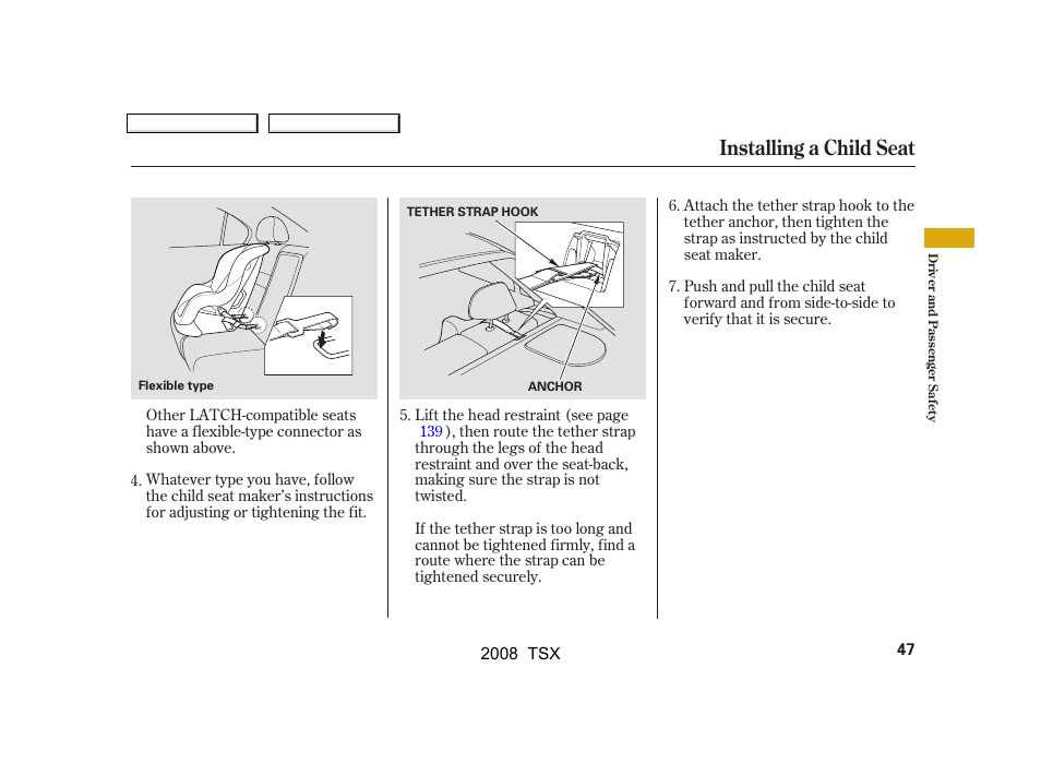 Installing a child seat | Acura 2008 TSX User Manual | Page 50 / 388