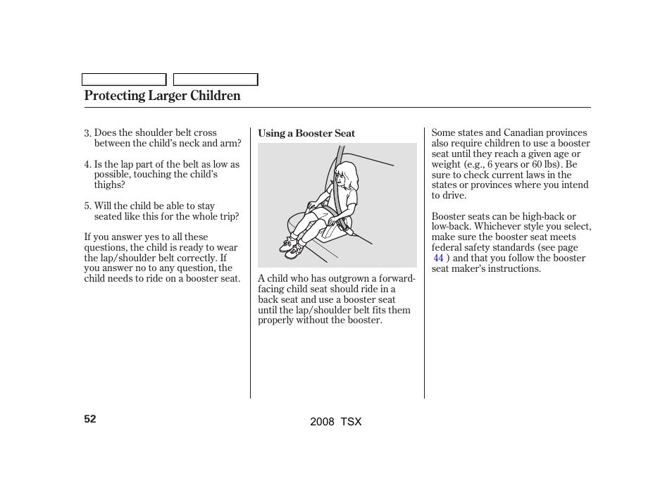 Protecting larger children | Acura 2008 TSX User Manual | Page 55 / 388