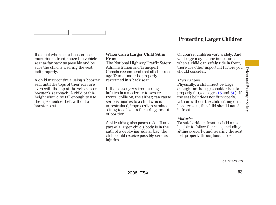 Protecting larger children | Acura 2008 TSX User Manual | Page 56 / 388