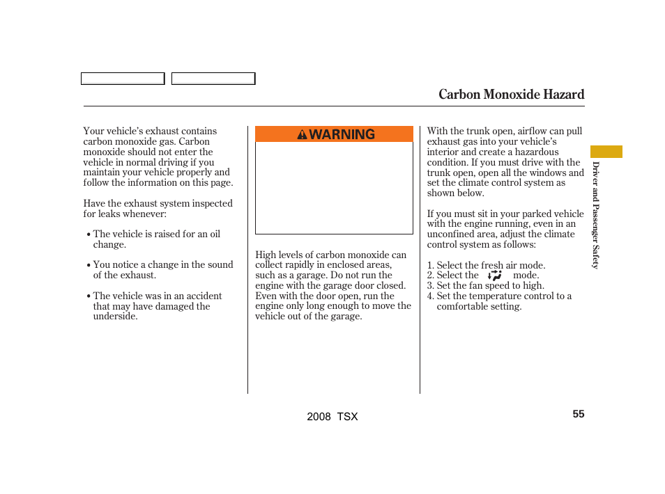 Carbon monoxide hazard | Acura 2008 TSX User Manual | Page 58 / 388